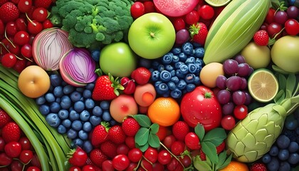 Background of vegetables, fruits and berries. Top view of organic plant products for healthy...