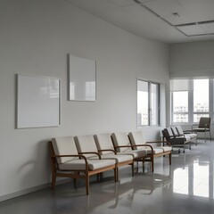 Fototapeta premium A mockup of an empty white poster on the wall in modern hospital waiting room with comfortable chairs and medical equipment. empty white blank poster on white wall in hospital, white ,whiteboard 