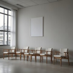 hall of collage  chair A mockup of an empty white poster on the wall in modern hall of collage  room with comfortable chairs and medical equipment. empty white blank poster o
