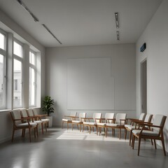 A mockup of an empty white poster on the wall in modern hospital waiting room with comfortable chairs and medical equipment. empty white blank poster on white wall in hospital, white ,whiteboard
