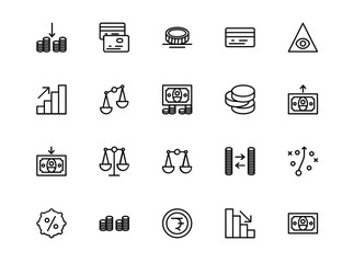 Set of financial sector icons. Currencies, charts, balance, discount, exchange, currencies. White background. Isolated figures. Line icons