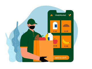 Online grocery delivery guy. Supermarket vector illustration