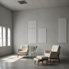 hall of collage  chair A mockup of an empty white poster on the wall in modern hall of collage  room with comfortable chairs and medical equipment. empty white blank poster o