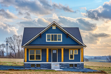 Fototapeta premium Front view of a newly constructed craftsman style cyan house with gold accents, surrounded by rolling fields.