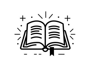 Line art illustration of an open book with a bookmark, radiating magic