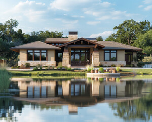 Obraz premium Front view of a newly constructed craftsman style olive house with brown accents, by a tranquil lake.