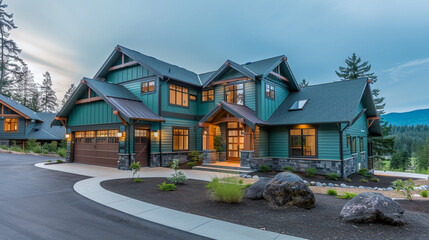 Naklejka premium Luxurious Craftsman Style New Construction Teal House with Contemporary Design in a Scenic Mountain Community