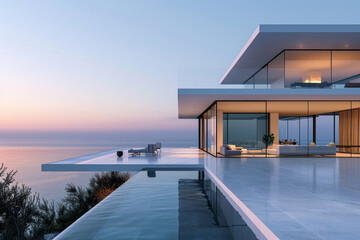 Fototapeta premium Luxury Island Villa With Infinity Pool At Sunset. 