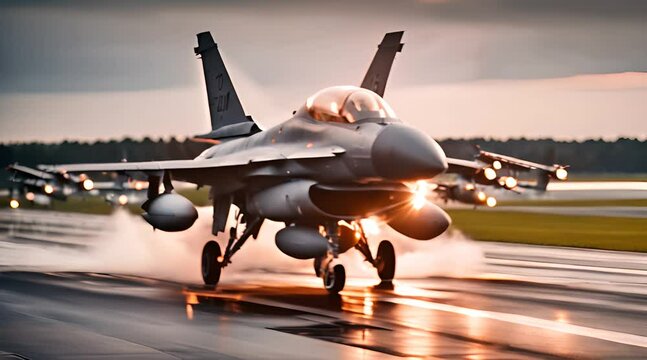 Avion de combat militaire F-16 sur la piste au d&eacute;collage
