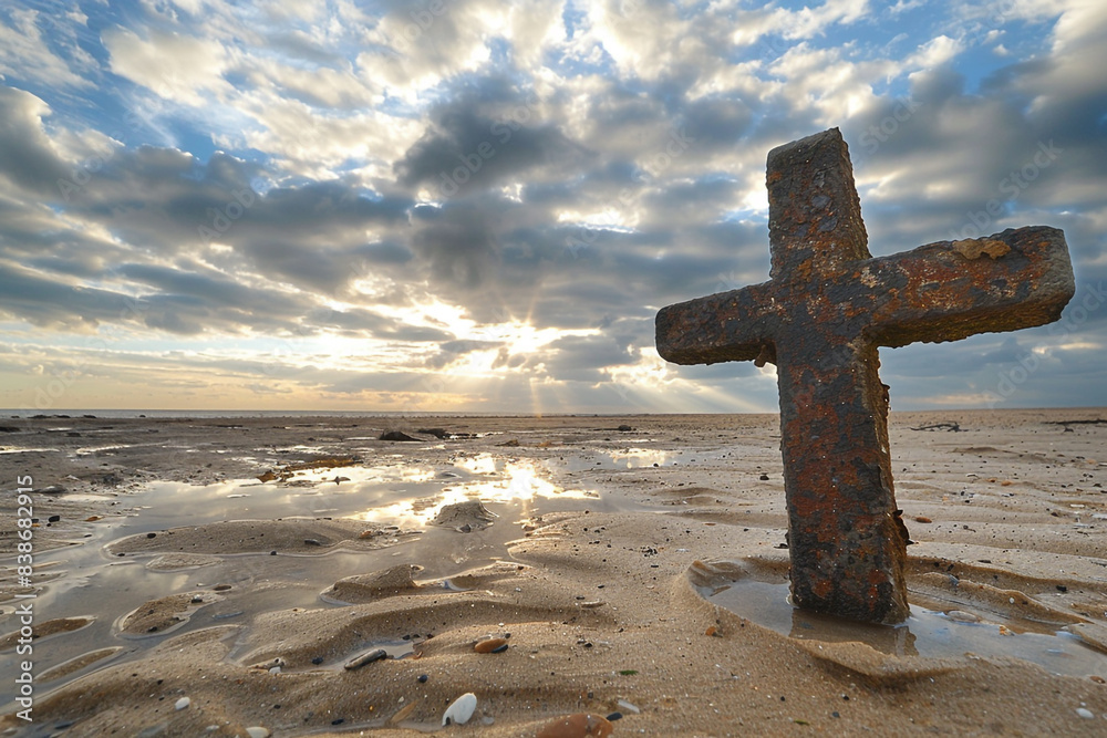Canvas Prints A rustic cross on a deserted beach, bathed in the soft light of sunrays filtering through a cloudy horizon, signifying solitude and reflection. - Canvas Prints
