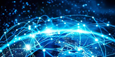 Digital technology with a blue glowing global network concept of the earth globe and connecting lines, web connection for an internet of things in the style of the universe background