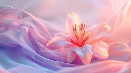Fototapeta premium modern, minimalistic art style, silk lily petal wallpaper, light color, see-through, soft light, flowing see-through, precise hyperrealism, mesmerizing color scape, octane