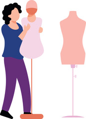 A girl is holding the mannequin.