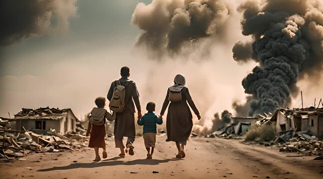 famille de r&eacute;fugi&eacute;s fuyant et regardant leur ville en guerre sous les bombardements