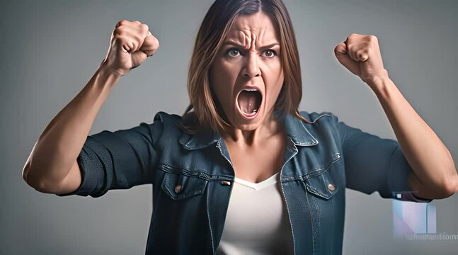 Femme en col&egrave;re exprimant sa col&egrave;re avec les poings serr&eacute;s devant elle