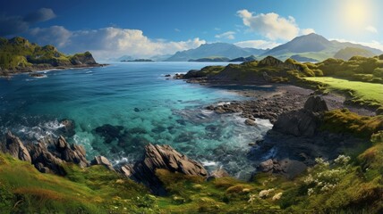 Fototapeta premium Peaceful and stunning landscape view of lush grass cover on rocky mountain surrounded by turquoise lake and clear sky. Generative AI.