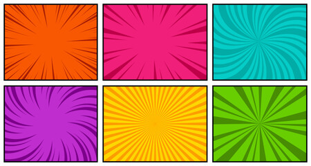 Comic book page template of colorful frames divided by lines with rays, radial, halftone, and dotted effects in pop art style. Vector illustration