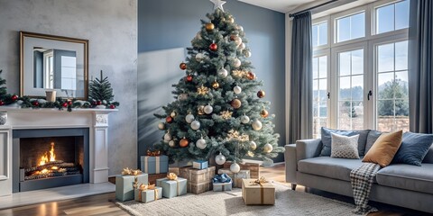 Obraz premium Decorated Christmas Tree with Presents in a Beautifully Festive Living Room