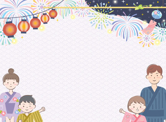 Naklejka premium 浴衣姿の家族と夏祭りの背景イメージ 花火 横 