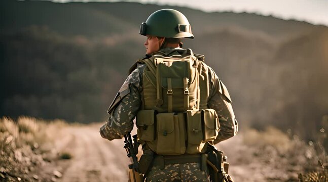 portrait d'un soldat avec un casque lourd et un &eacute;quipement de combat