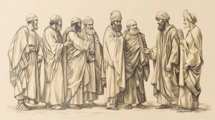 Fototapeta premium Service and Opposition: Acts 6 Biblical Illustration with Deacons, Stephen's Ministry on Beige Background and Copyspace