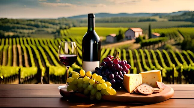 Pr&eacute;sentation d'un plateau de fromages avec verre de vin, grappe de raisin et bouteille de vin