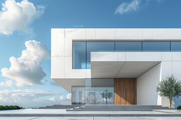 White Building on a blue sky backdrop.Modern concrete architecture.
