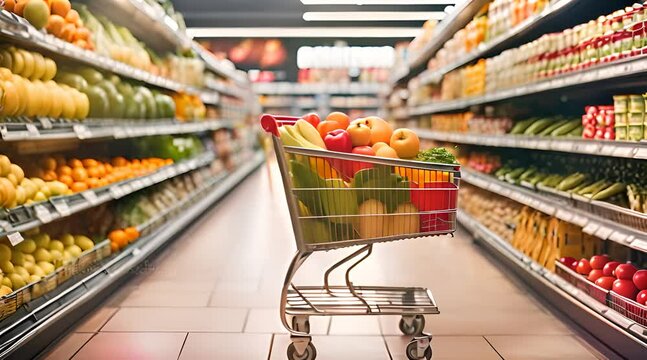Supermarket basket on the shelves of a store