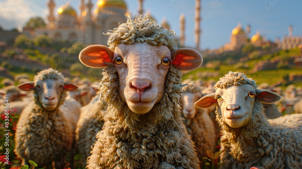 Wall mural sheep in front of mosque at night graphic design. eid ul azha concept illustration