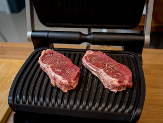 Raw fillet beef meat for steaks on the home electric grill