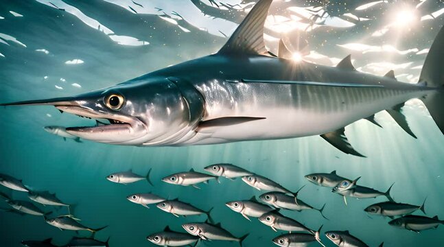 un espadon chassant dans un banc de sardines