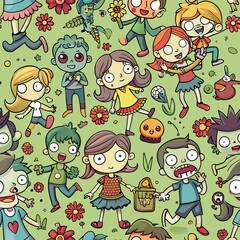 Seamless pattern of cute cartoon zombie kids playing games like tag and hide-and-seek, Generative AI