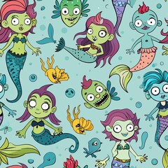 Obraz premium Seamless pattern of cute cartoon zombie mermaids swimming with fish and seahorses, Generative AI