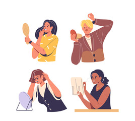 People Checking Their Hair In Mirrors And Expressing Concern Over Gray Hair And Stress, Cartoon Vector Illustration
