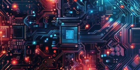 Fototapeta premium Microchip computer semiconductor circuit board illustration background with fast connection blue light AI technology. 