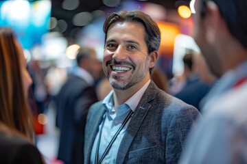 Fototapeta premium a business exhibition where delighted businessman converses and beams with joy while standing before an illuminated stand.