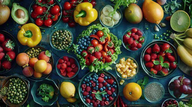 Create vibrant images of healthy foods showcasing fresh ingredients, balanced meals, and appealing presentations that promote nutritious eating