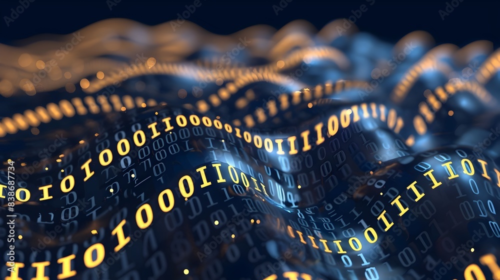 Poster flowing binary code forming abstract geometric shapes in digital