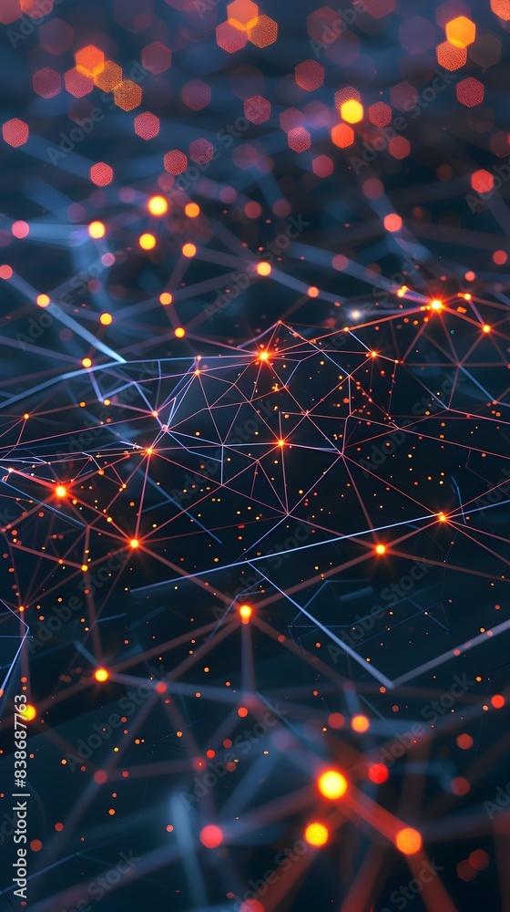 Poster glowing tech network grid with connecting nodes and lines in futuristic digital design