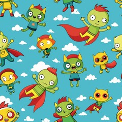 Obraz premium Seamless pattern of cute cartoon zombie superheroes flying through the sky with capes fluttering, Generative AI