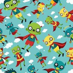 Obraz premium Seamless pattern of cute cartoon zombie superheroes flying through the sky with capes fluttering, Generative AI