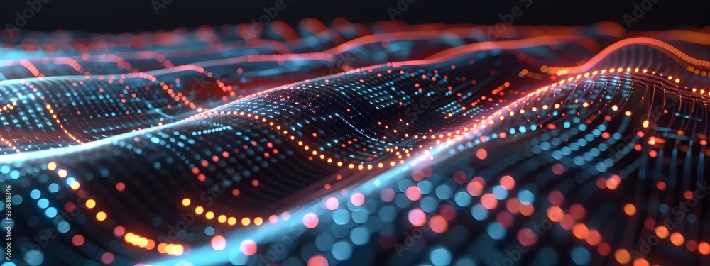 Poster futuristic data mesh visualization with flowing network patterns