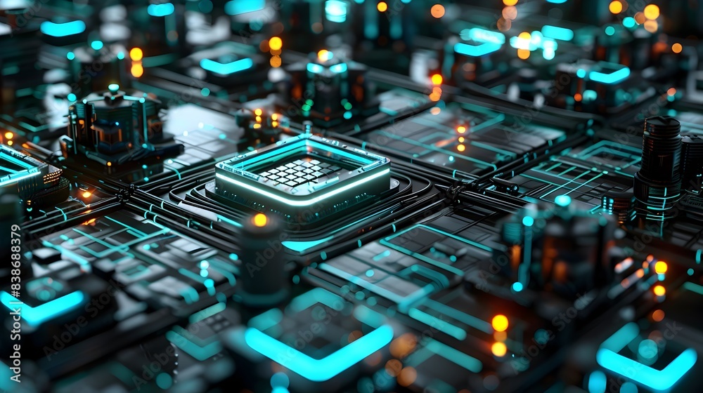 Poster cyber grid futuristic 3d rendered digital backdrop with techno patterns and glowing elements