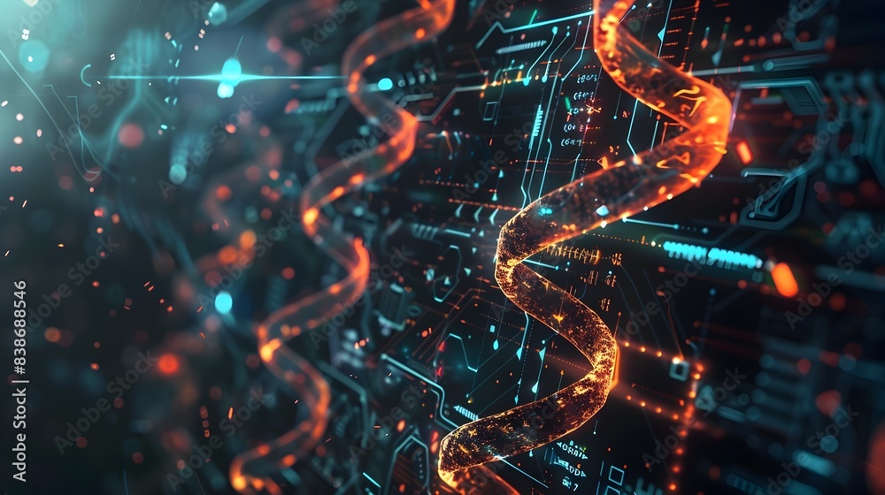 Poster futuristic tech helix pattern with luminous swirling structures and digital abstractions