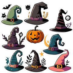 Vector illustration set of Halloween's hats, witch hats