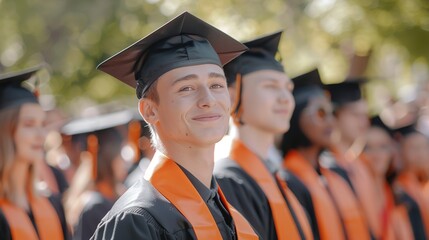 University Graduates in Black and Orange Gowns Gathered on Campus, Capturing the Essence of Achievement and Academic Success
