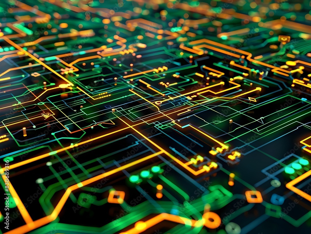 Poster intricate digital circuit patterns with geometric elements and futuristic design