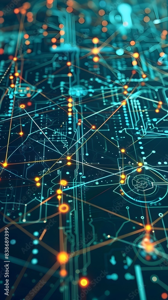 Poster tech data points interconnected designs visualizing digital technology and information systems