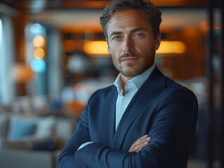 Fototapeta premium Confident businessman with arms crossed in office. Generative AI.