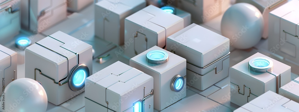 Poster geometric shapes with embedded tech elements for abstract digital or futuristic design